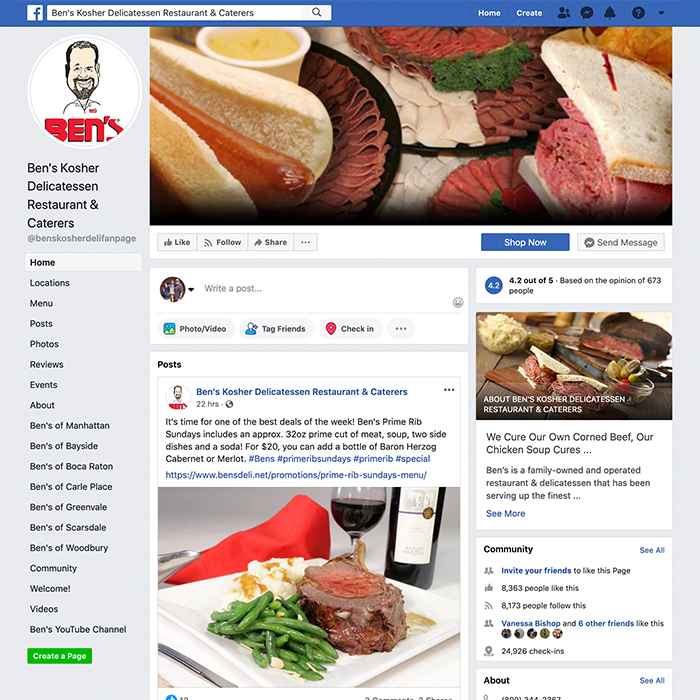 Ben's Kosher Delicatessen Restaurant & Caterers Facebook Page