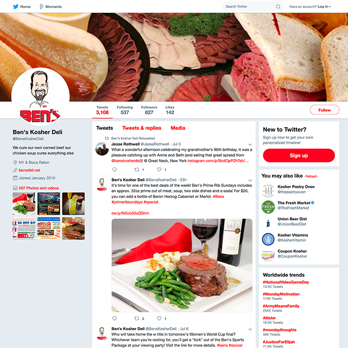 Ben's Kosher Delicatessen Restaurant & Caterers Twitter Page